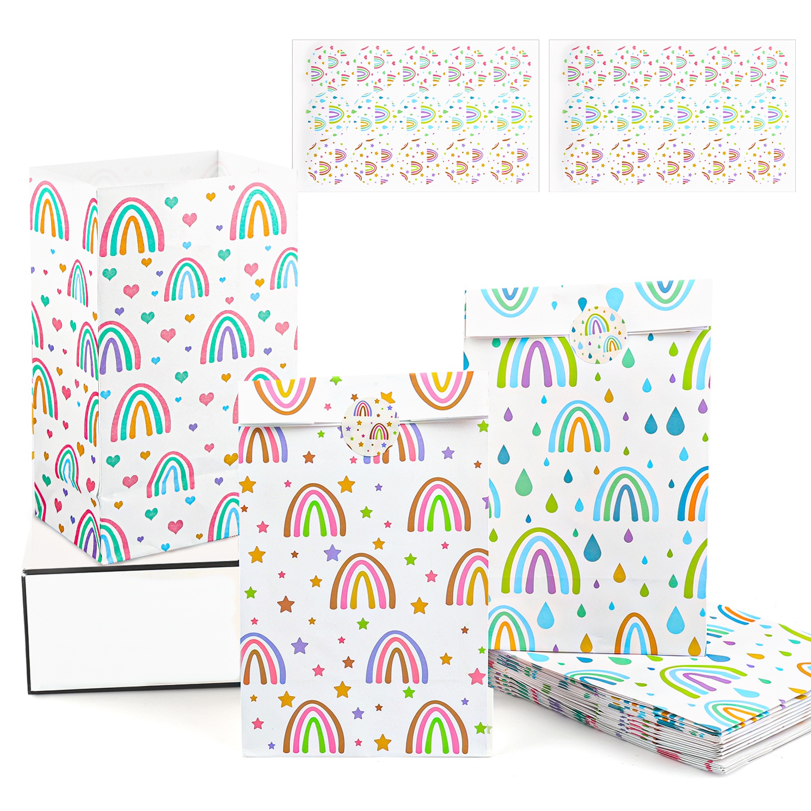 18 Stück Geschenktüten Kindergeburtstag, Regenbogen Mitgebsel Tüten mit 30 Aufkleber, Papiertüten Kindergeburtstag, Geburtstagstüten Kinder, Geschenktüten für Hochzeit, Party